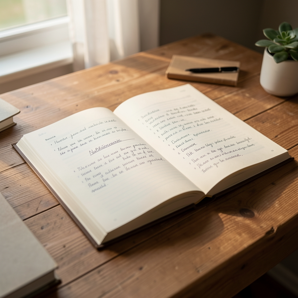 Open nutrition journal with handwritten notes resting on a wooden desk in soft morning light
