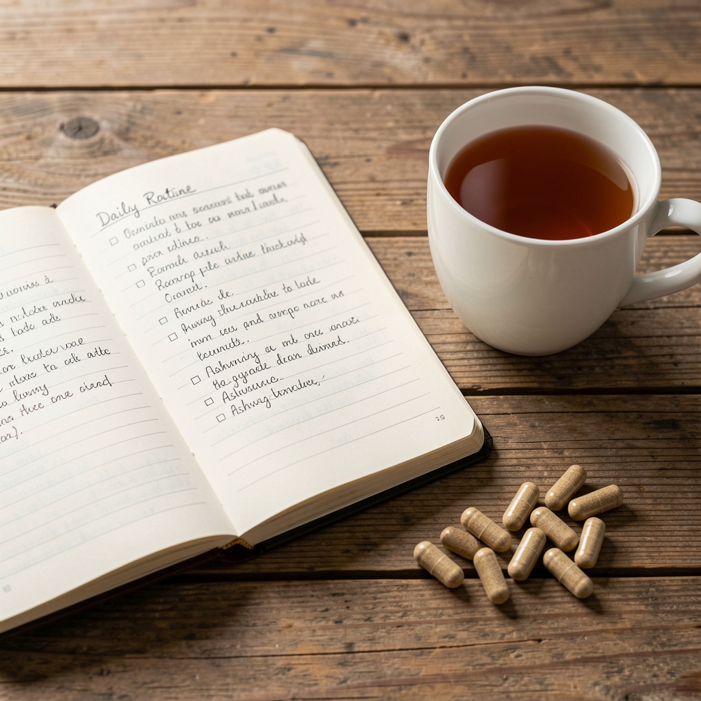 Handwritten daily routine journal open beside a cup of tea and ashwagandha capsules on a wooden table